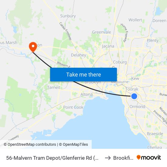 56-Malvern Tram Depot/Glenferrie Rd (Malvern) to Brookfield map