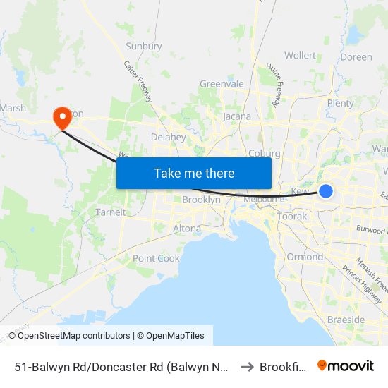 51-Balwyn Rd/Doncaster Rd (Balwyn North) to Brookfield map