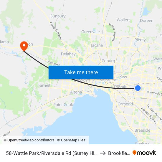 58-Wattle Park/Riversdale Rd (Surrey Hills) to Brookfield map