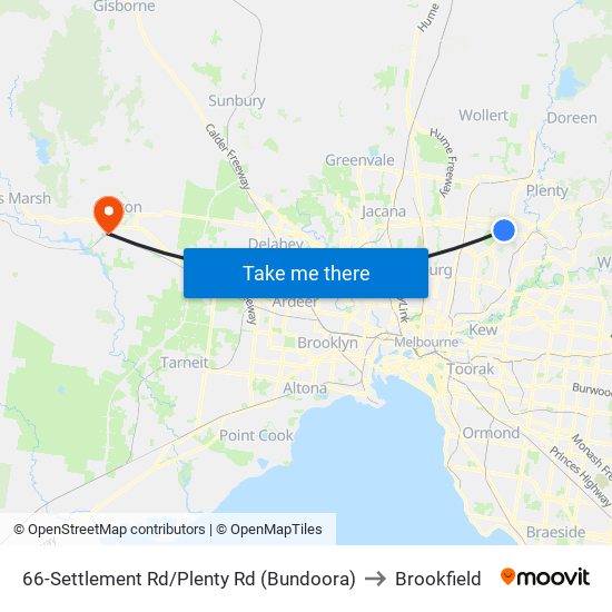 66-Settlement Rd/Plenty Rd (Bundoora) to Brookfield map