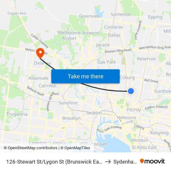 126-Stewart St/Lygon St (Brunswick East) to Sydenham map