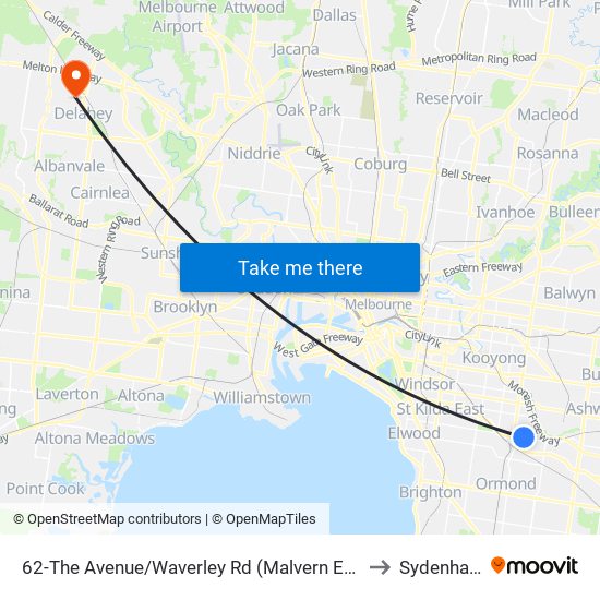 62-The Avenue/Waverley Rd (Malvern East) to Sydenham map