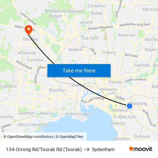 134-Orrong Rd/Toorak Rd (Toorak) to Sydenham map