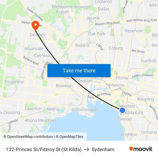 132-Princes St/Fitzroy St (St Kilda) to Sydenham map