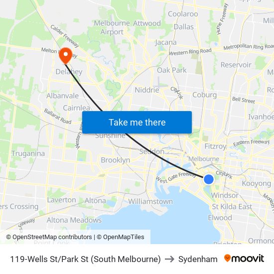 119-Wells St/Park St (South Melbourne) to Sydenham map