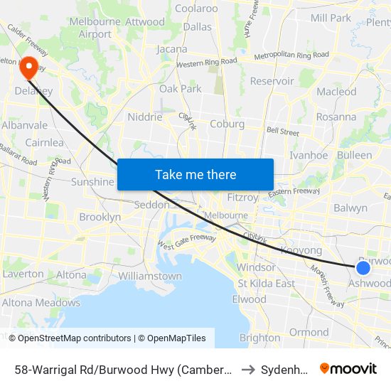 58-Warrigal Rd/Burwood Hwy (Camberwell) to Sydenham map