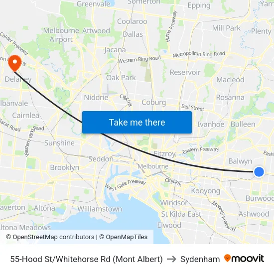 Hood St/Whitehorse Rd #55 to Sydenham map