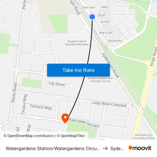 Watergardens Station/Watergardens Circuit Rd to Sydenham map
