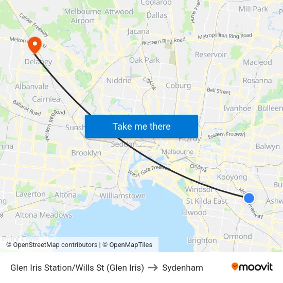 Glen Iris Station/Wills St to Sydenham map