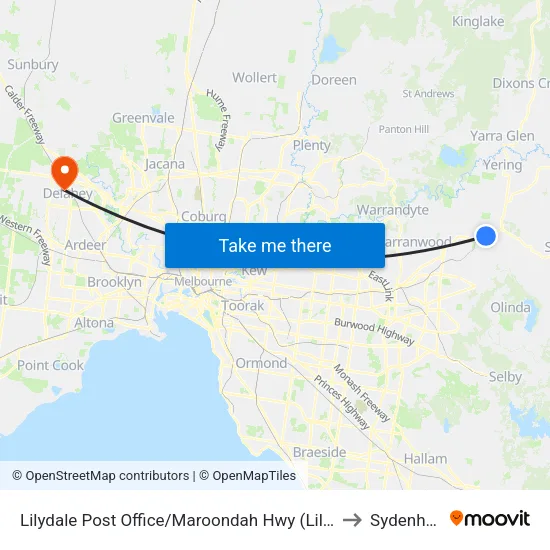 Lilydale Post Office/Maroondah Hwy to Sydenham map