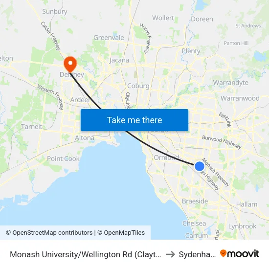 Monash University/Wellington Rd to Sydenham map