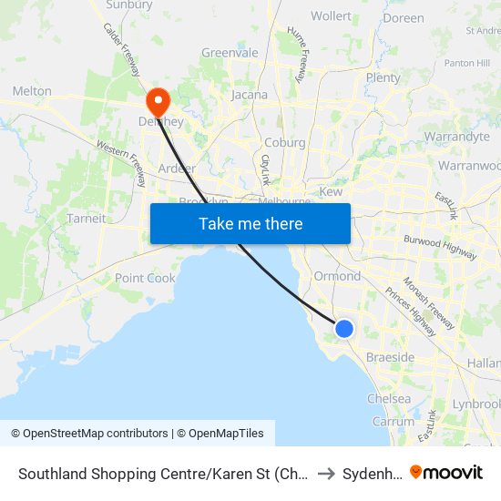 Southland Shopping Centre/Karen St (Cheltenham) to Sydenham map