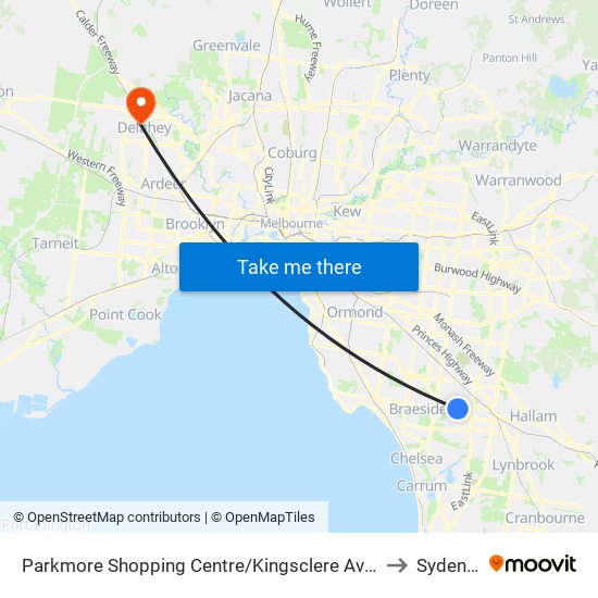 Parkmore Shopping Centre/Kingsclere Ave (Keysborough) to Sydenham map