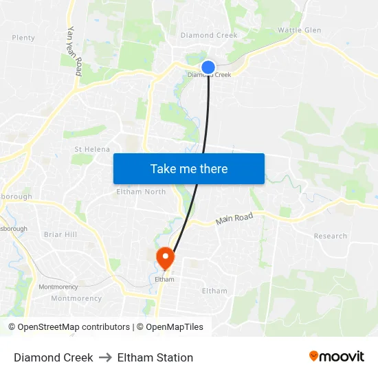 Diamond Creek to Eltham Station map