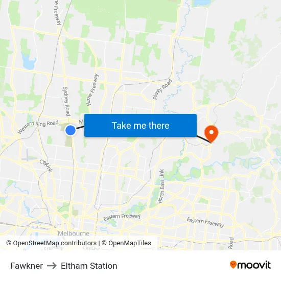 Fawkner to Eltham Station map