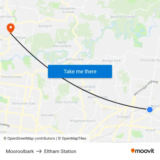 Mooroolbark to Eltham Station map