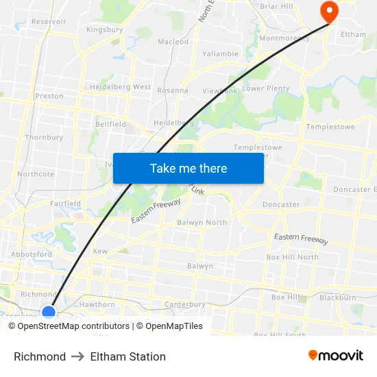 Richmond to Eltham Station map