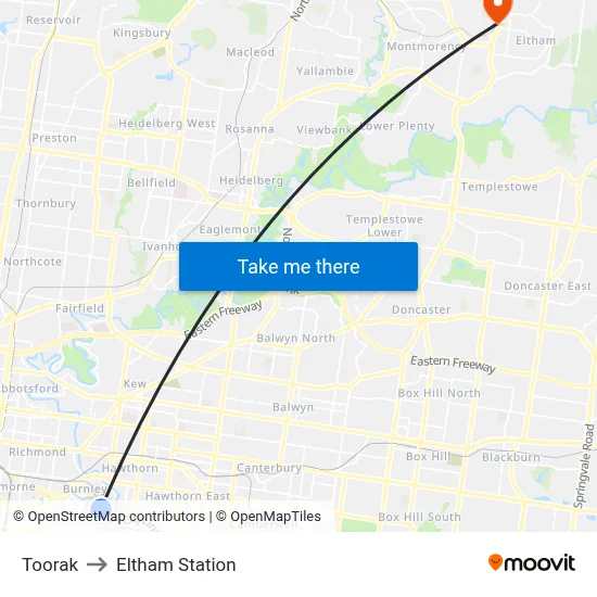 Toorak to Eltham Station map