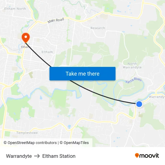Warrandyte to Eltham Station map