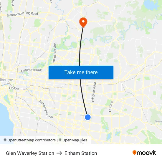 Glen Waverley Station to Eltham Station map