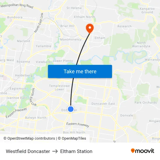 Westfield Doncaster to Eltham Station map