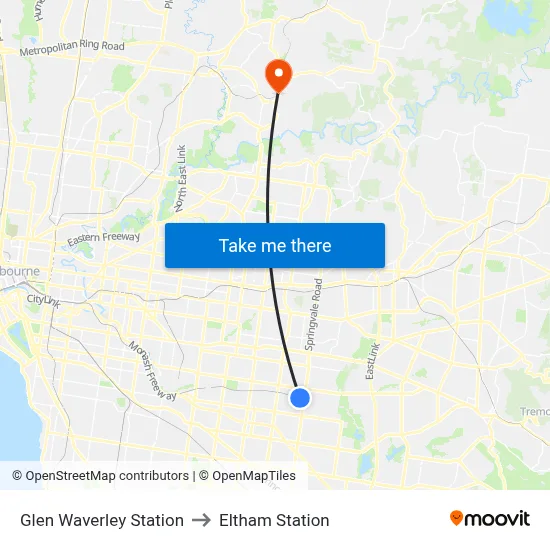 Glen Waverley Bus Interchange to Eltham Station map