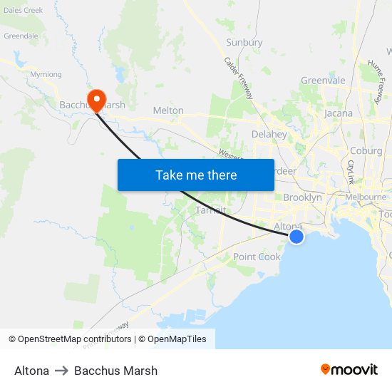 Altona to Bacchus Marsh map