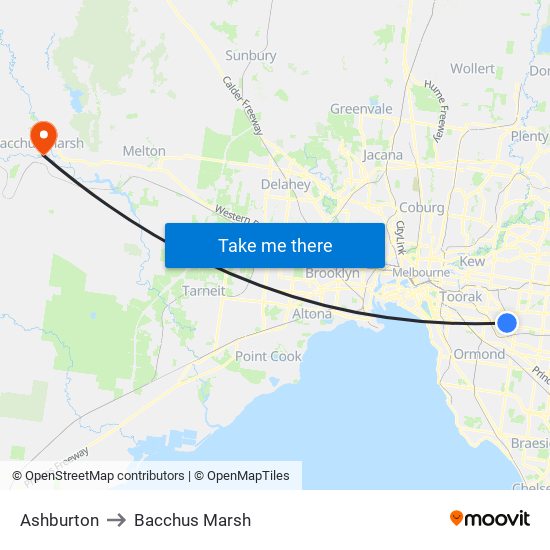 Ashburton to Bacchus Marsh map