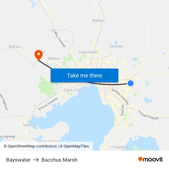 Bayswater to Bacchus Marsh map