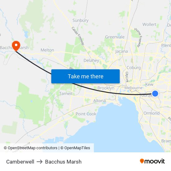 Camberwell to Bacchus Marsh map