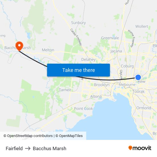 Fairfield to Bacchus Marsh map