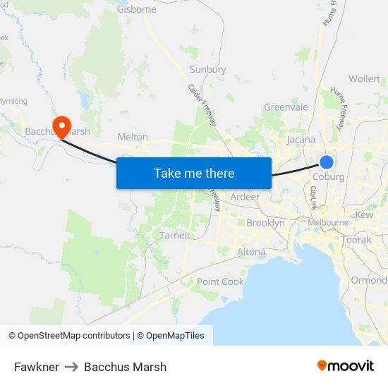 Fawkner to Bacchus Marsh map