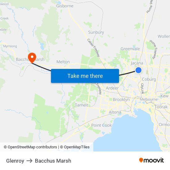 Glenroy to Bacchus Marsh map