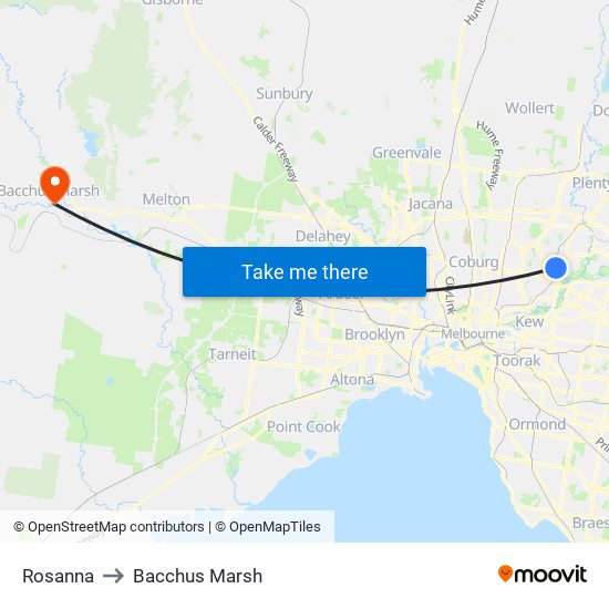 Rosanna to Bacchus Marsh map