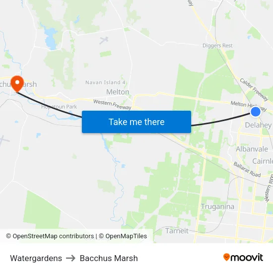Watergardens to Bacchus Marsh map