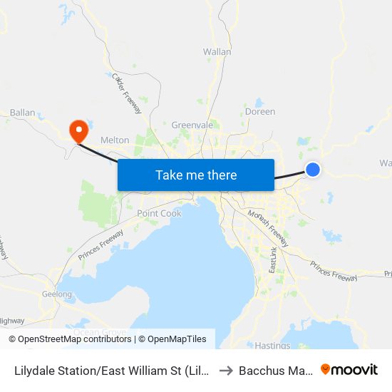 Lilydale Station/East William St (Lilydale) to Bacchus Marsh map