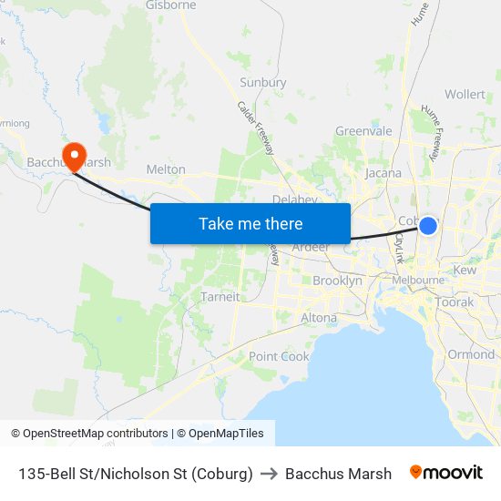 135-Bell St/Nicholson St (Coburg) to Bacchus Marsh map