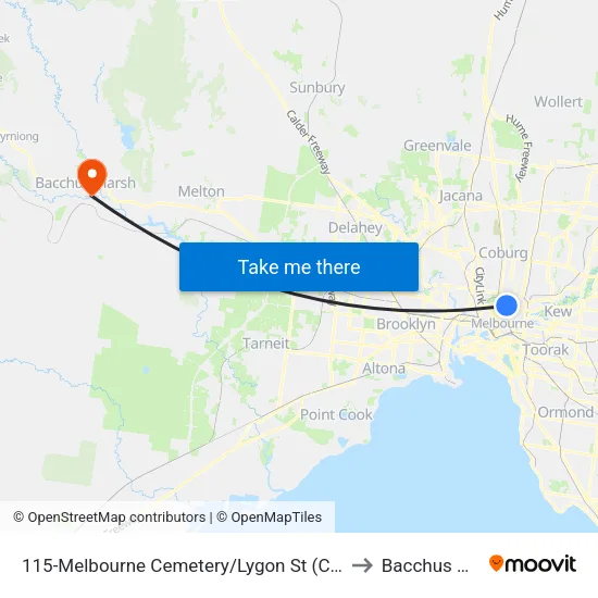 Melbourne Cemetery/Lygon St #115 to Bacchus Marsh map