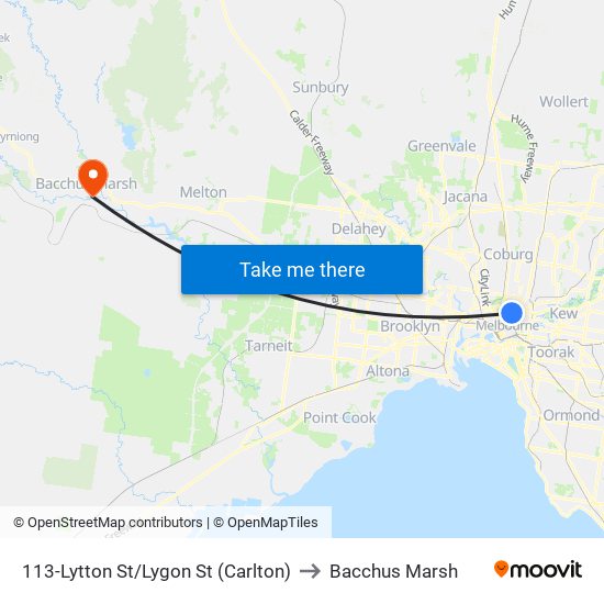 113-Lytton St/Lygon St (Carlton) to Bacchus Marsh map