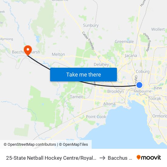 25-State Netball Hockey Centre/Royal Park (Parkville) to Bacchus Marsh map