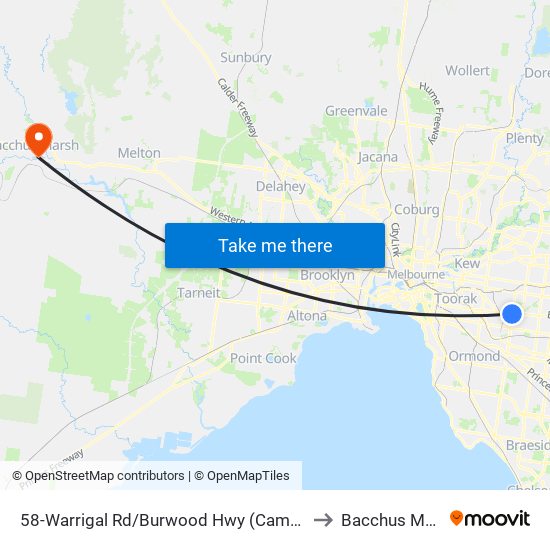 58-Warrigal Rd/Burwood Hwy (Camberwell) to Bacchus Marsh map