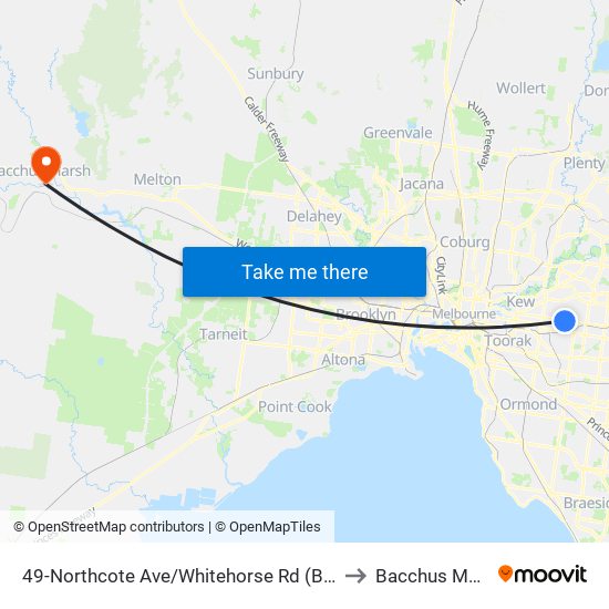 49-Northcote Ave/Whitehorse Rd (Balwyn) to Bacchus Marsh map