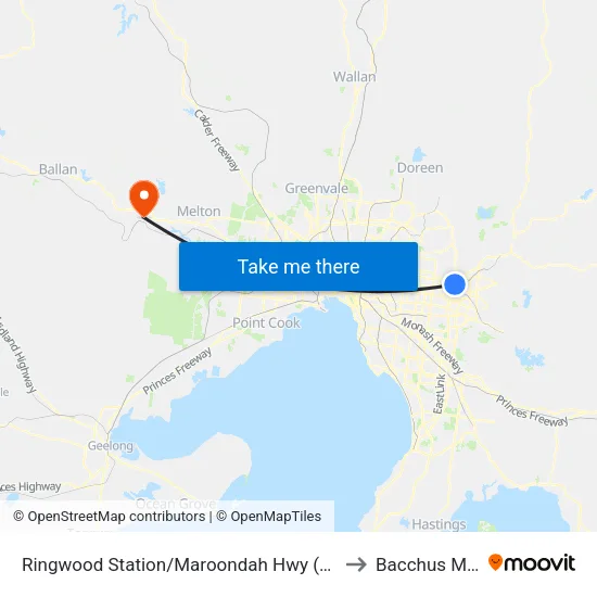 Ringwood Station/Maroondah Hwy to Bacchus Marsh map
