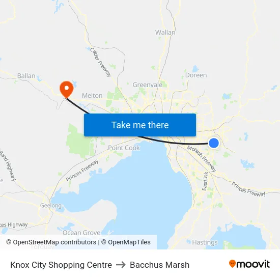 Knox City Shopping Centre to Bacchus Marsh map
