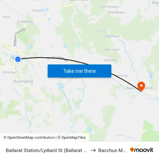 Ballarat Station/Lydiard St to Bacchus Marsh map