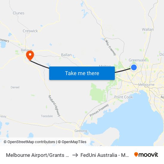 Melbourne Airport/Grants Rd (Melbourne Airport) to FedUni Australia - Mount Helen Campus map