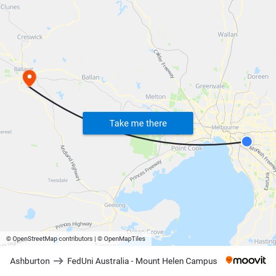 Ashburton to FedUni Australia - Mount Helen Campus map