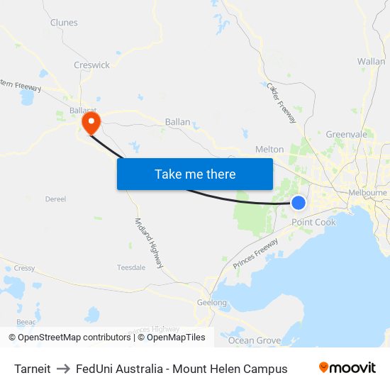 Tarneit to FedUni Australia - Mount Helen Campus map