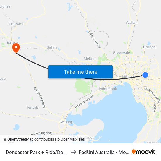 Doncaster Park + Ride/Doncaster Rd (Doncaster) to FedUni Australia - Mount Helen Campus map