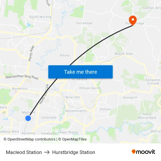 Macleod Station to Hurstbridge Station map